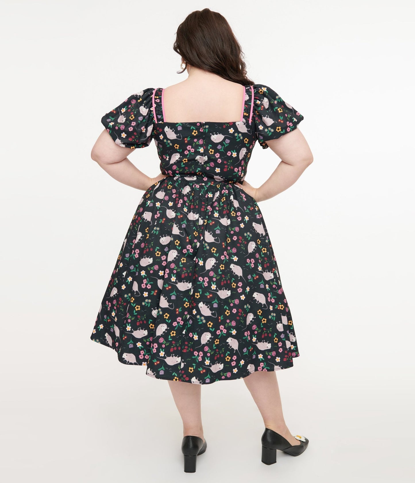 Unique Vintage Plus Size 1940s Black & Pink Awesome Possum Button Front Swing Dress - Unique Vintage - Womens, DRESSES, SWING