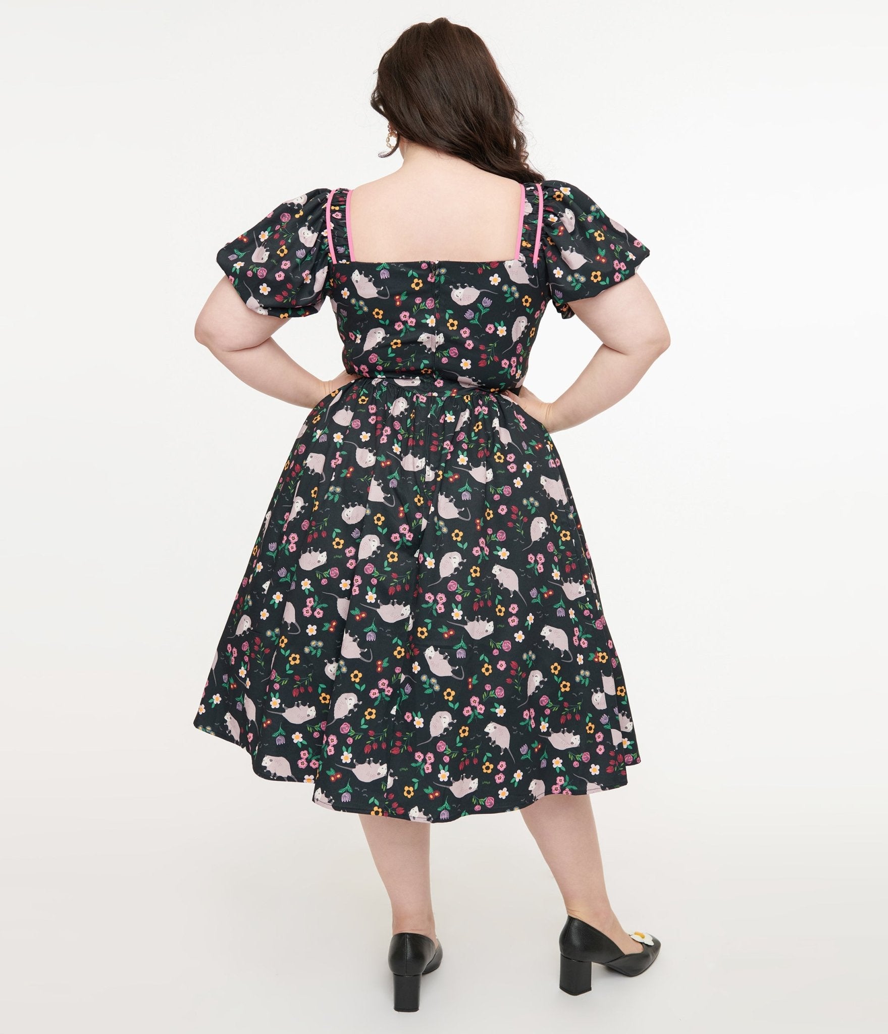 Unique Vintage Plus Size 1940s Black & Pink Awesome Possum Button Front Swing Dress - Unique Vintage - Womens, DRESSES, SWING