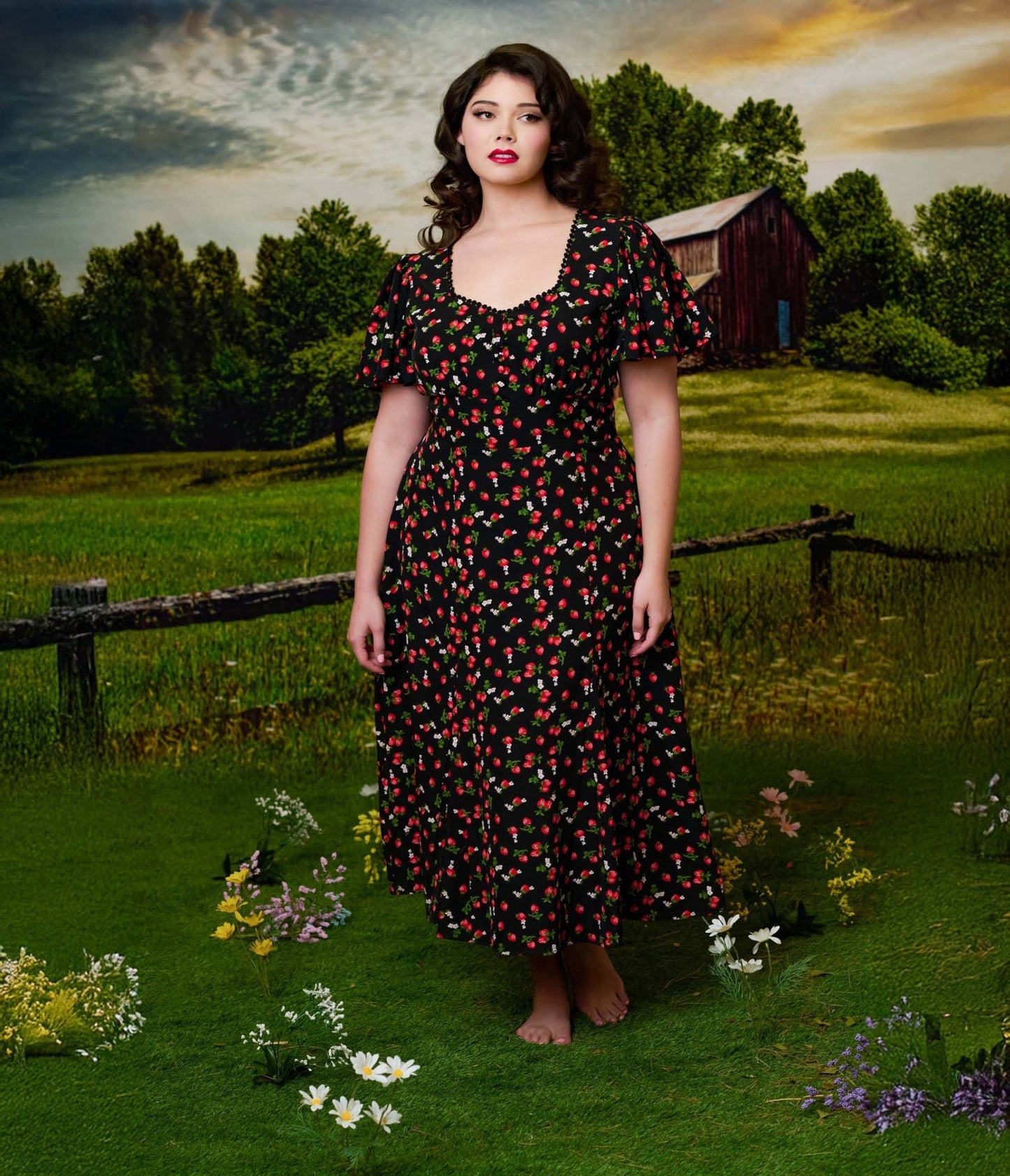 Unique Vintage Plus Size 1940s Black & Strawberry Print Midi Dress - Unique Vintage - Womens, DRESSES, MIDI