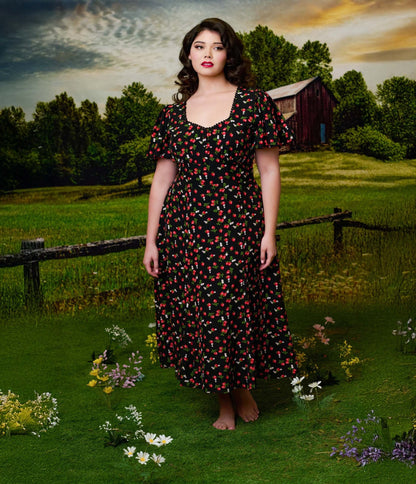 Unique Vintage Plus Size 1940s Black & Strawberry Print Midi Dress - Unique Vintage - Womens, DRESSES, MIDI