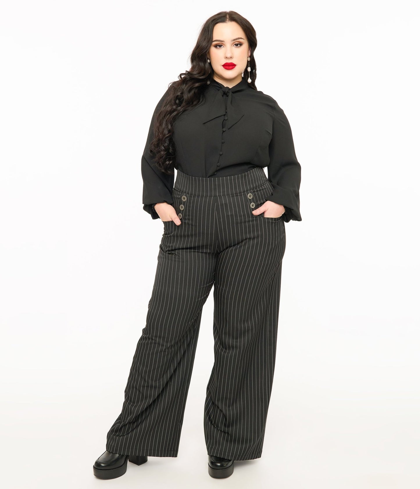Unique Vintage Plus Size 1940s Black & White Pin Stripe High Waist Sailor Ginger Pants - Unique Vintage - Womens, SKIRTS
