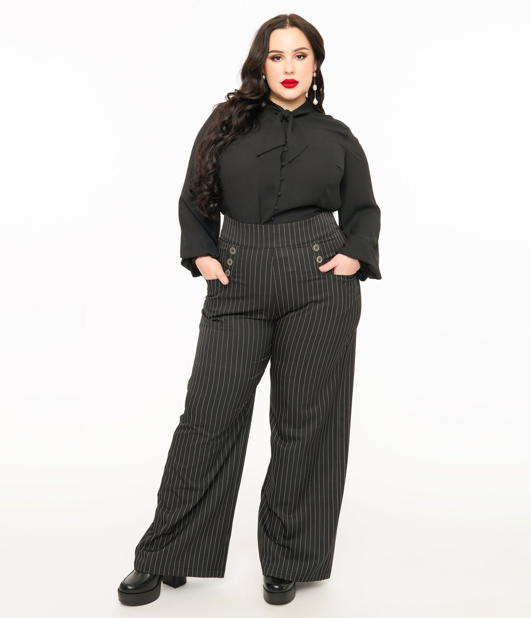 Unique Vintage Plus Size 1940s Black & White Pin Stripe High Waist Sailor Ginger Pants - Unique Vintage - Womens, SKIRTS