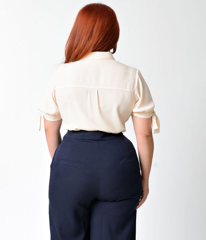 Unique Vintage Plus Size 1940s Cream Short Sleeve Colvin Blouse - Unique Vintage - Womens, TOPS, WOVEN TOPS