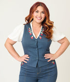 Unique Vintage Plus Size 1940s Denim Embroidered Button Up Vest - Unique Vintage - Womens, TOPS, SWEATERS AND VESTS