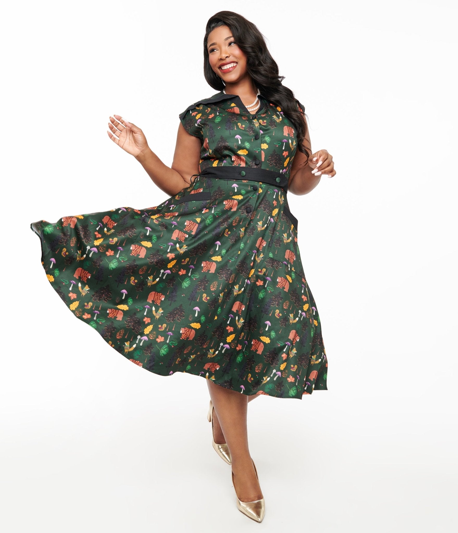 Unique Vintage Plus Size 1940s Forest Green Woodland Creature Hedda Swing Dress - Unique Vintage - Womens, DRESSES, SWING