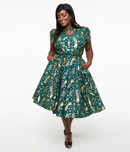 Unique Vintage Plus Size 1940s Green & Gold Peacock Print Dahlia Swing Dress - Unique Vintage - Womens, DRESSES, SWING