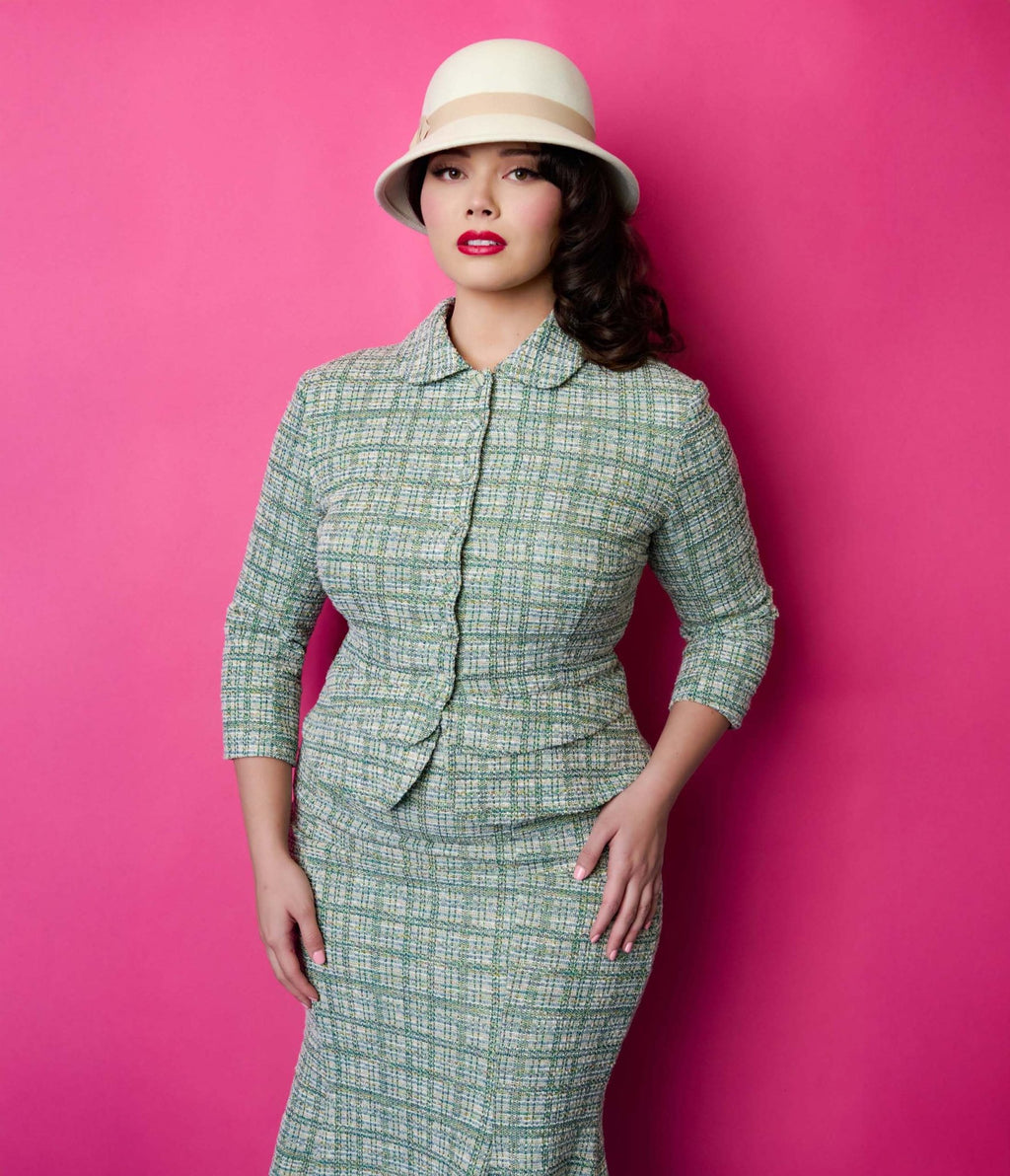 Unique Vintage Plus Size 1940s Green Plaid Boucle Peplum Jacket - Unique Vintage - Womens, TOPS, OUTERWEAR