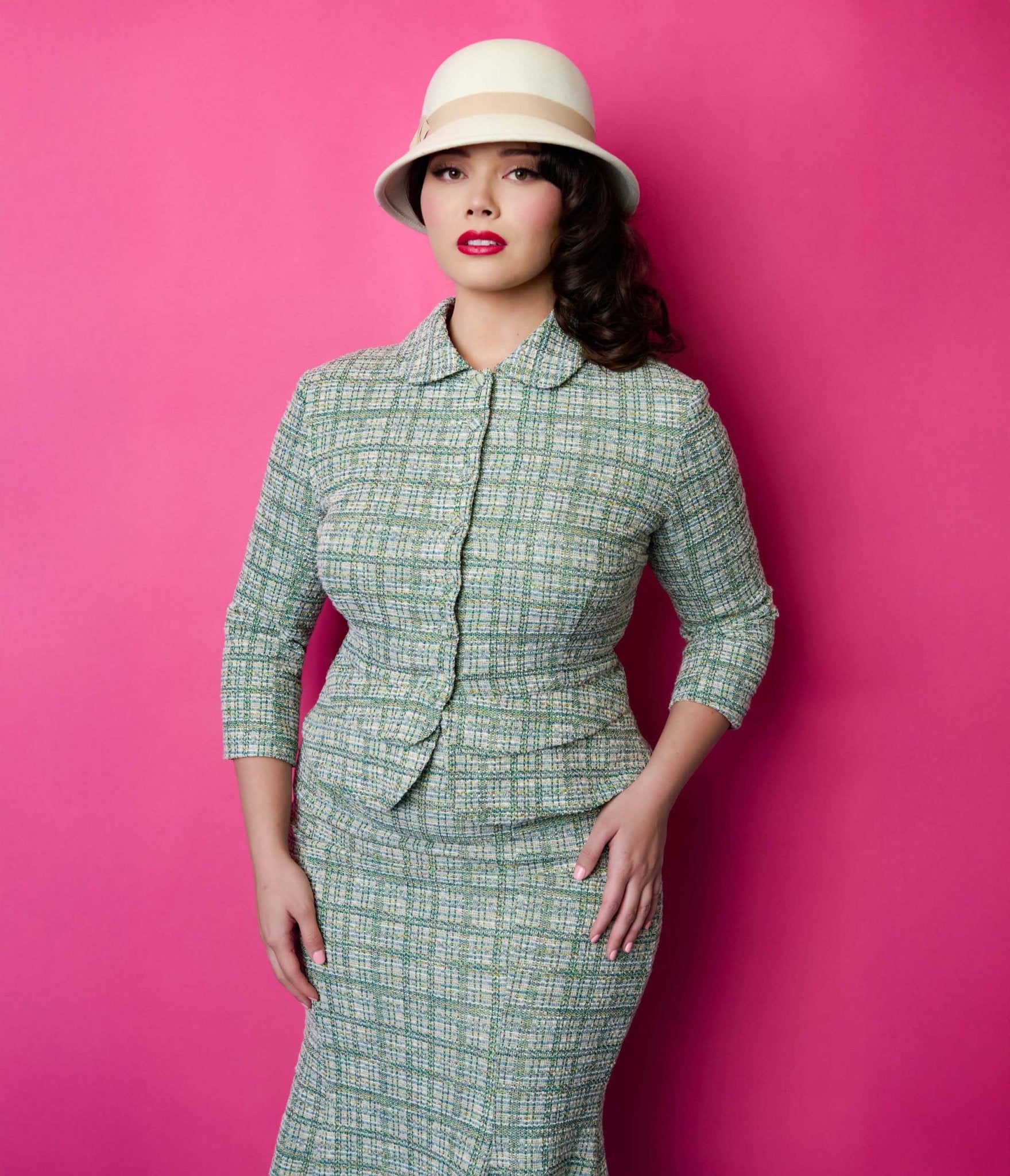 Unique Vintage Plus Size 1940s Green Plaid Boucle Peplum Jacket - Unique Vintage - Womens, TOPS, OUTERWEAR