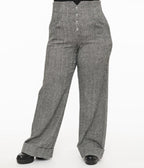 Unique Vintage Plus Size 1940s Grey Herringbone Buttoned Wide Leg Trousers - Unique Vintage - Womens, BOTTOMS, PANTS