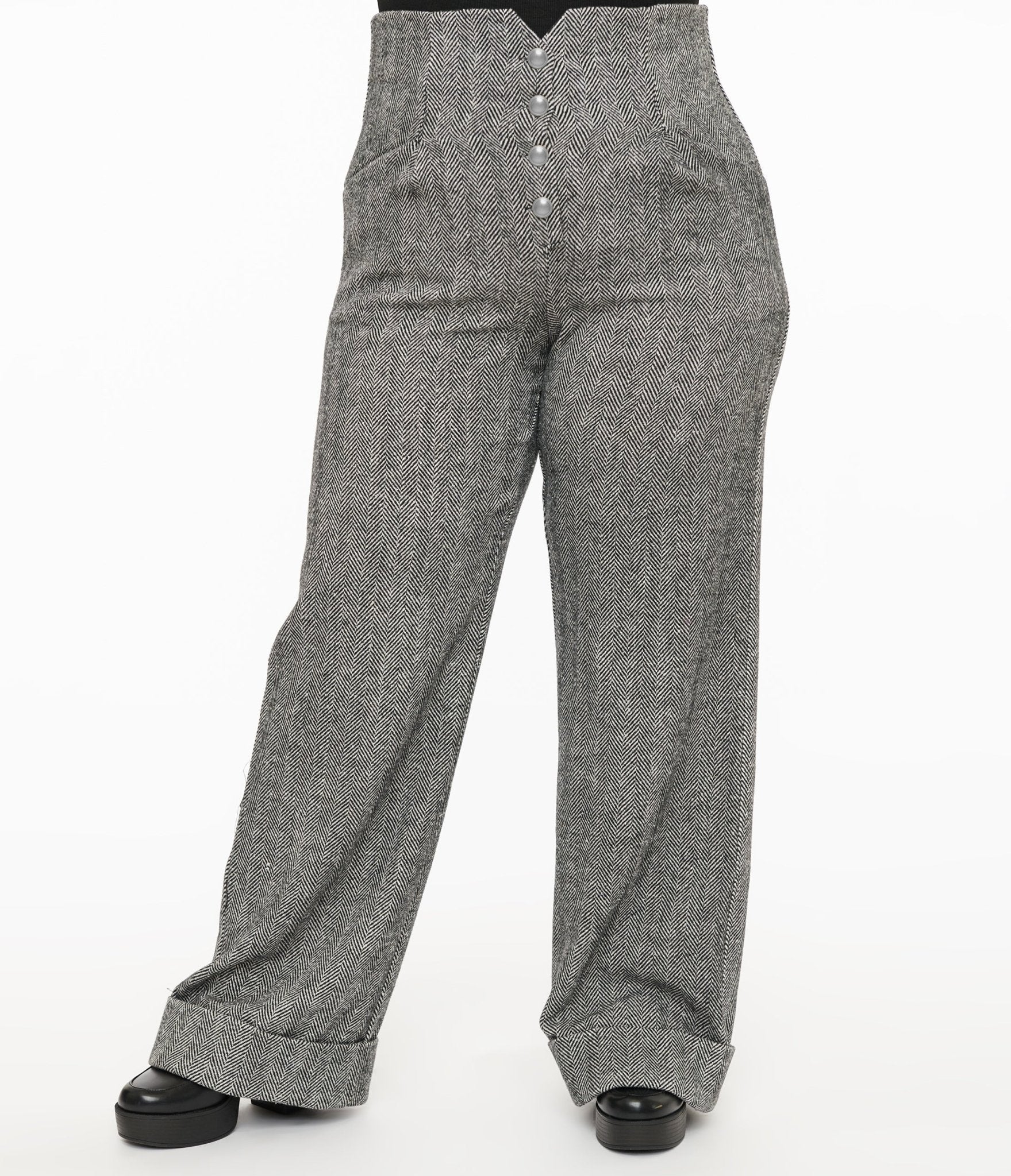 Unique Vintage Plus Size 1940s Grey Herringbone Buttoned Wide Leg Trousers - Unique Vintage - Womens, BOTTOMS, PANTS