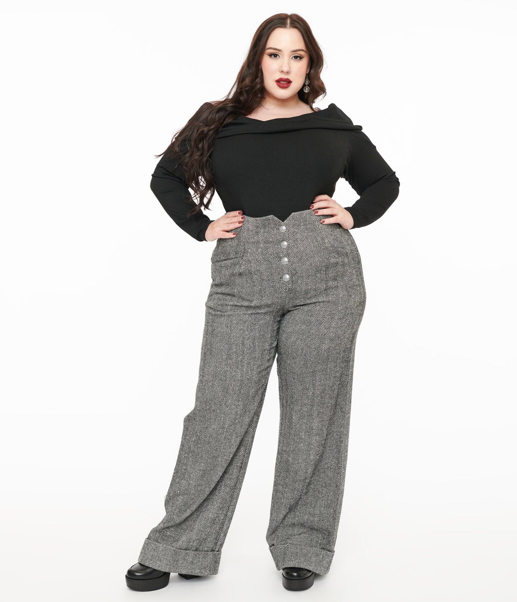 Unique Vintage Plus Size 1940s Grey Herringbone Buttoned Wide Leg Trousers - Unique Vintage - Womens, BOTTOMS, PANTS