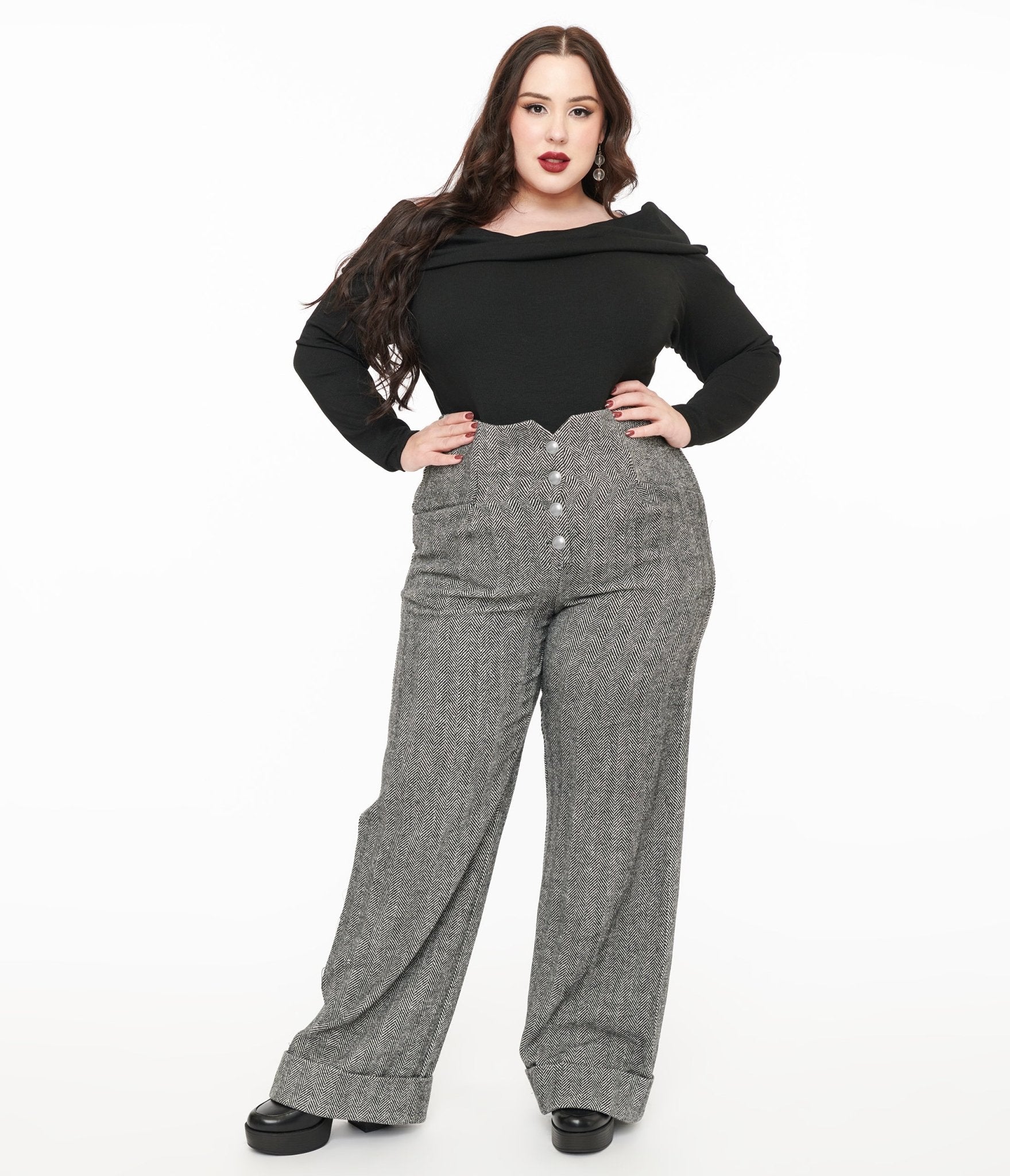 Unique Vintage Plus Size 1940s Grey Herringbone Buttoned Wide Leg Trousers - Unique Vintage - Womens, BOTTOMS, PANTS