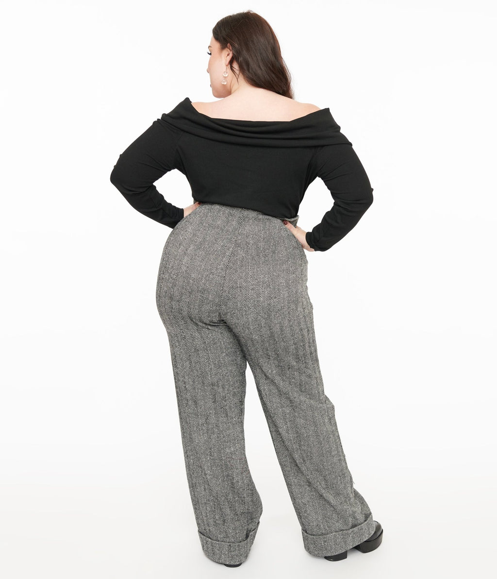 Unique Vintage Plus Size 1940s Grey Herringbone Buttoned Wide Leg Trousers - Unique Vintage - Womens, BOTTOMS, PANTS