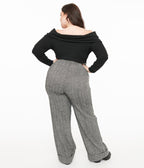Unique Vintage Plus Size 1940s Grey Herringbone Buttoned Wide Leg Trousers - Unique Vintage - Womens, BOTTOMS, PANTS