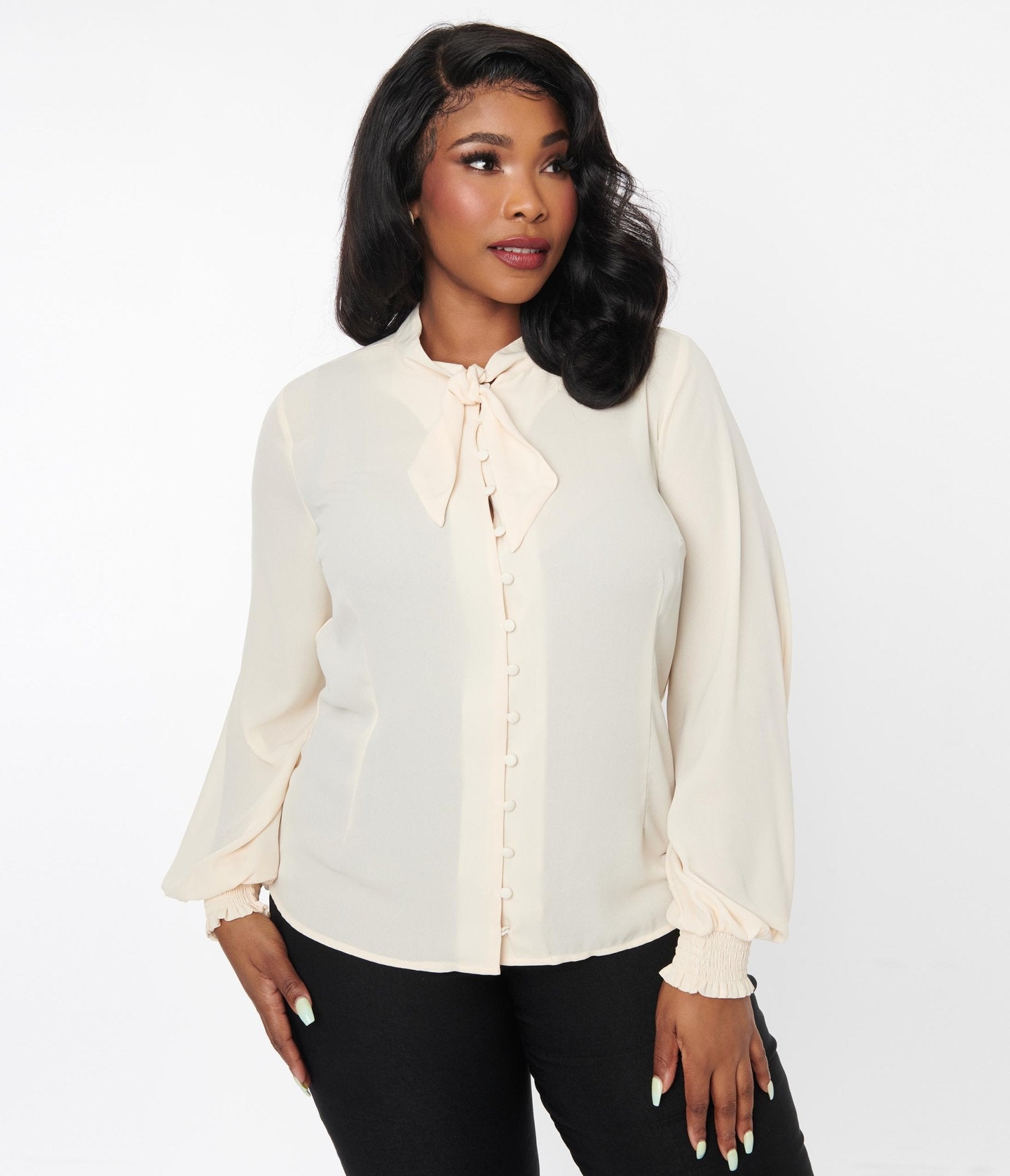 Unique Vintage Plus Size 1940s Ivory Neck Tie Blouse - Unique Vintage - Womens, TOPS, WOVEN TOPS