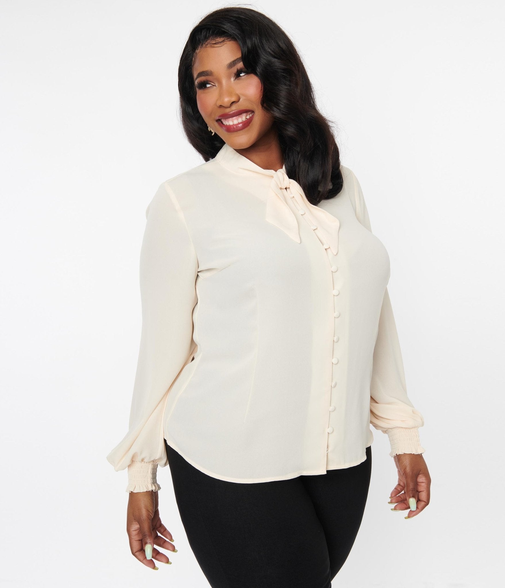 Unique Vintage Plus Size 1940s Ivory Neck Tie Blouse - Unique Vintage - Womens, TOPS, WOVEN TOPS