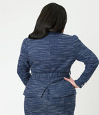Unique Vintage Plus Size 1940s Navy & White Tweed Belted Jacket - Unique Vintage - Womens, TOPS, OUTERWEAR