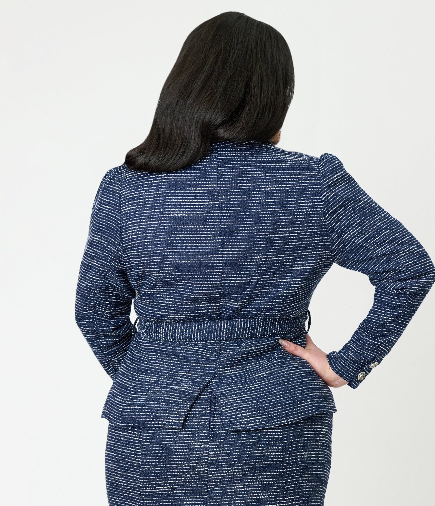 Unique Vintage Plus Size 1940s Navy & White Tweed Belted Jacket - Unique Vintage - Womens, TOPS, OUTERWEAR