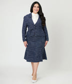 Unique Vintage Plus Size 1940s Navy & White Tweed Belted Jacket - Unique Vintage - Womens, TOPS, OUTERWEAR