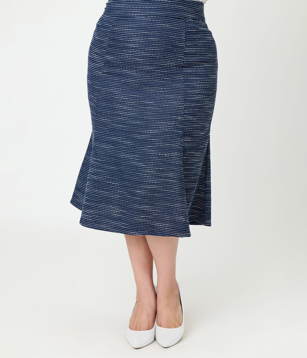 Unique Vintage Plus Size 1940s Navy & White Tweed Tina Trumpet Skirt - Unique Vintage - Womens, BOTTOMS, SKIRTS