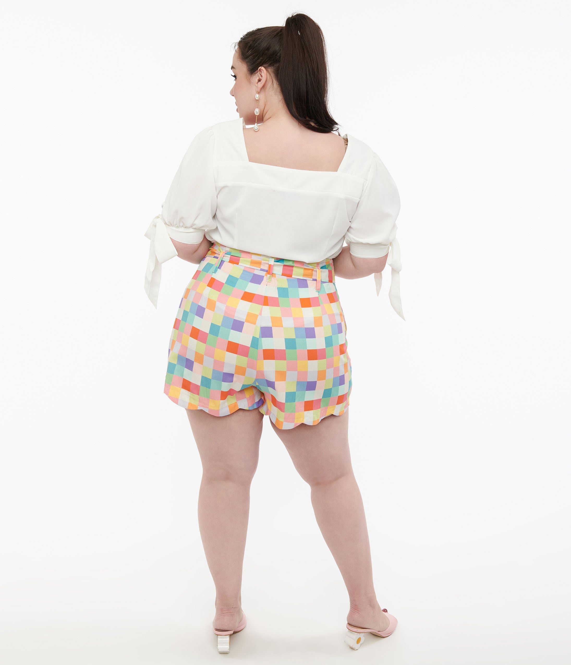 Unique Vintage Plus Size 1940s Rainbow Pastel Check Cotton High Waist