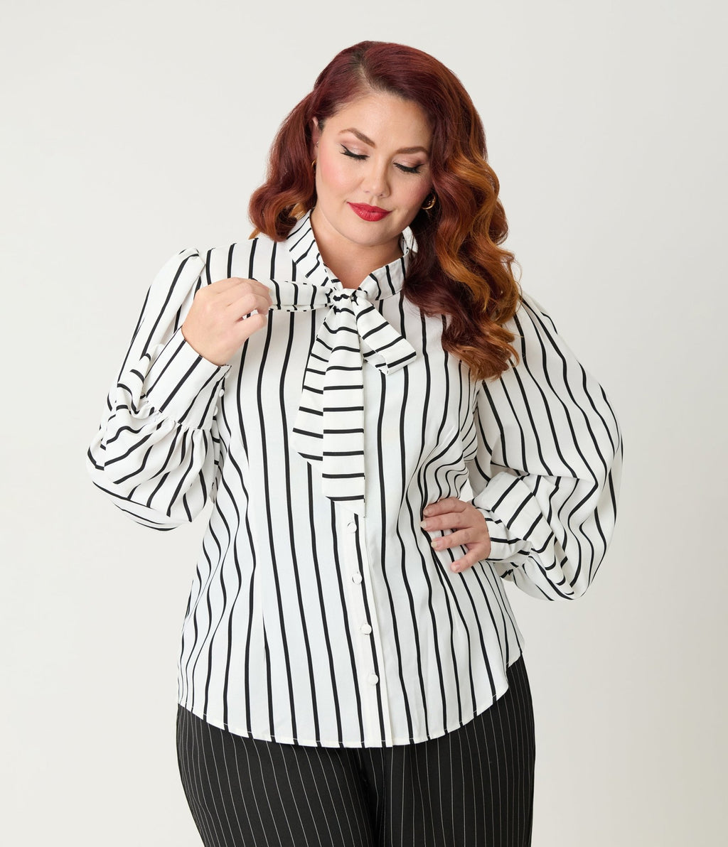 Unique Vintage Plus Size 1940s White & Black Stripe Neck Tie Gwen Blouse - Unique Vintage - Womens, TOPS, WOVEN TOPS