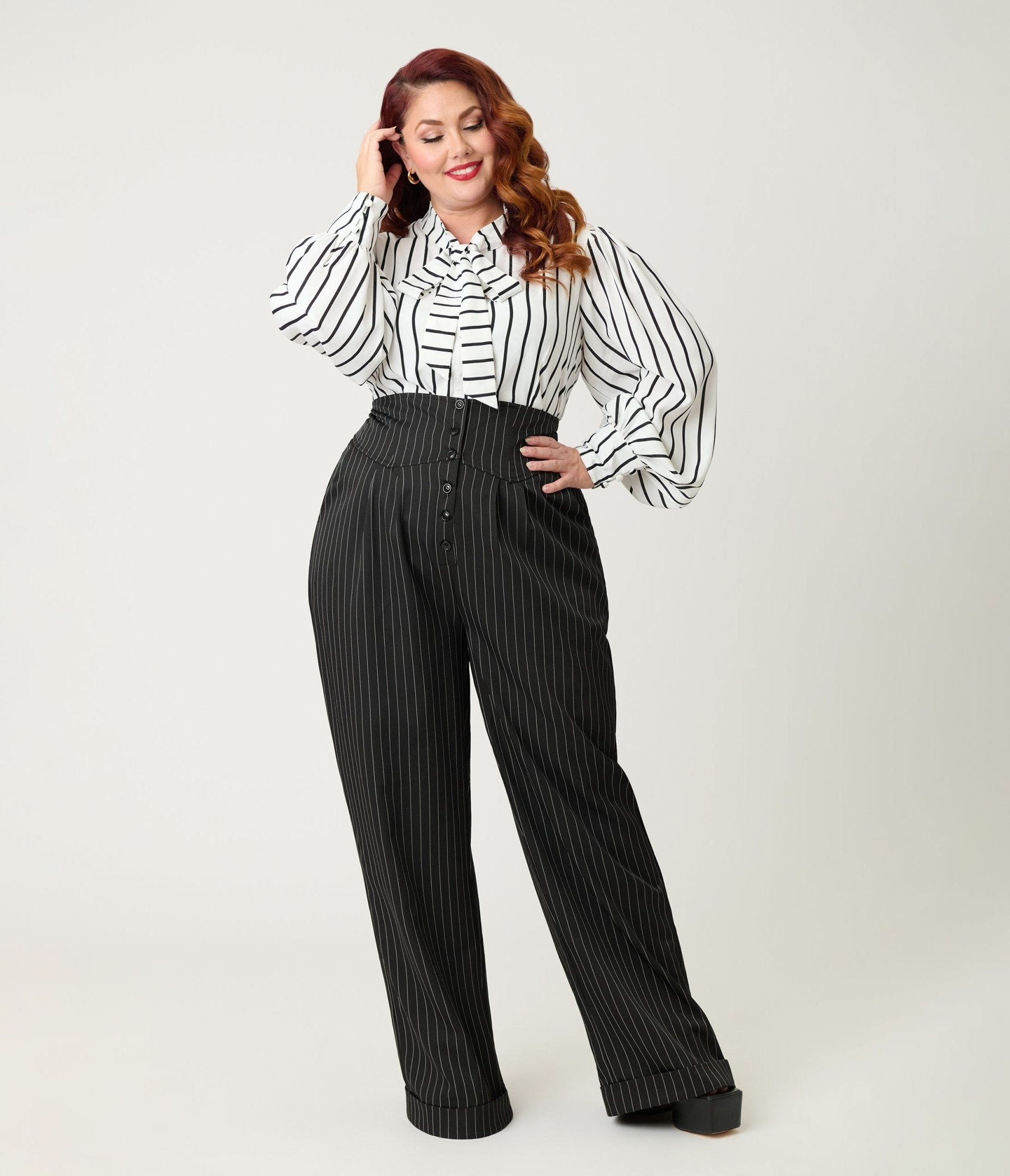 Unique Vintage Plus Size 1940s White & Black Stripe Neck Tie Gwen Blouse - Unique Vintage - Womens, TOPS, WOVEN TOPS