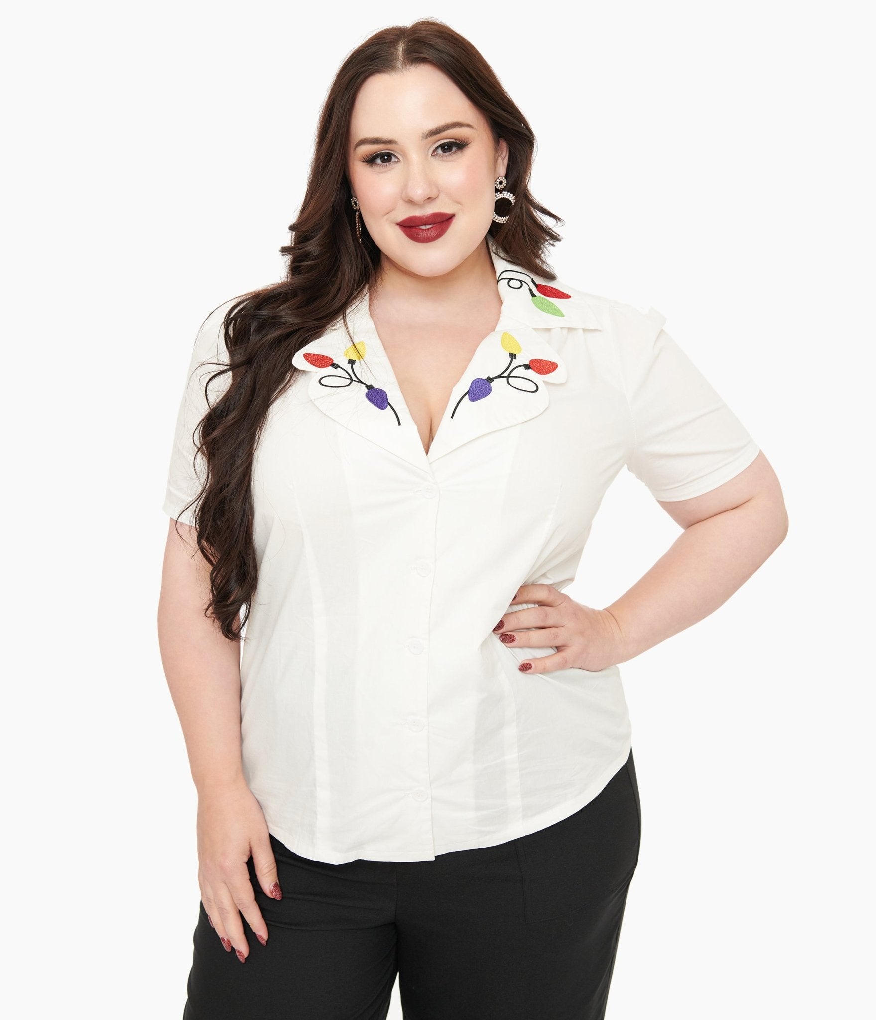 Unique Vintage Plus Size 1940s White Holiday Lights Cotton Blouse - Unique Vintage - Womens, TOPS, WOVEN TOPS