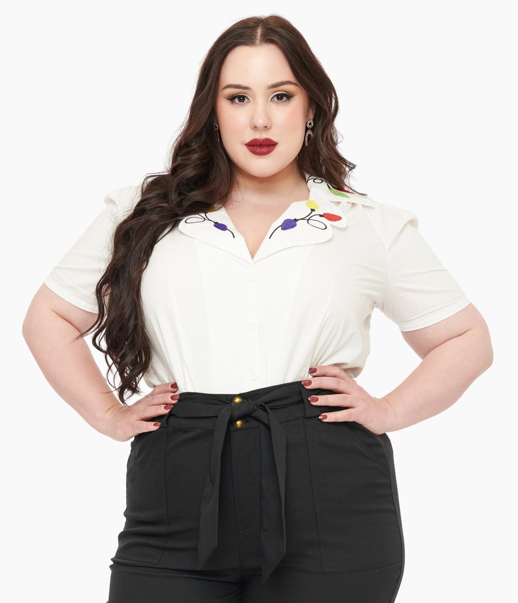 Unique Vintage Plus Size 1940s White Holiday Lights Cotton Blouse - Unique Vintage - Womens, TOPS, WOVEN TOPS
