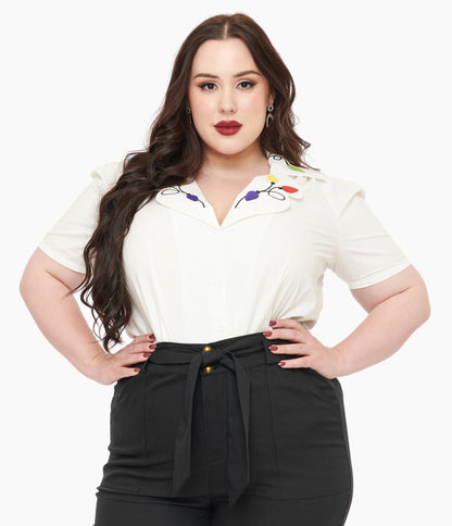 Unique Vintage Plus Size 1940s White Holiday Lights Cotton Blouse - Unique Vintage - Womens, TOPS, WOVEN TOPS