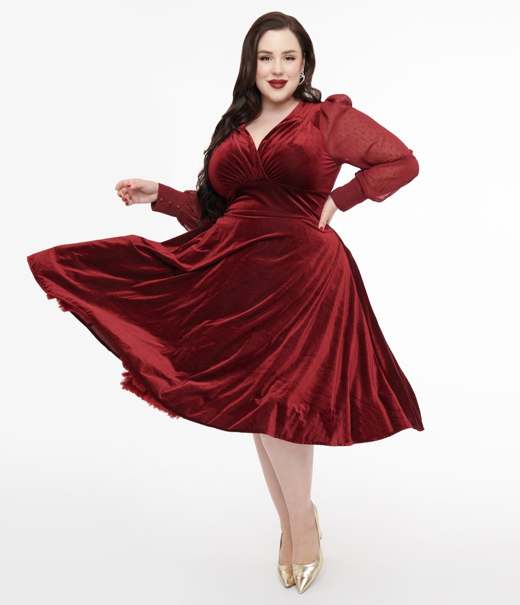 Unique Vintage Plus Size 1950s Berry Velvet Sheer Sleeve Delores Swing Dress - Unique Vintage - Womens, DRESSES, SWING