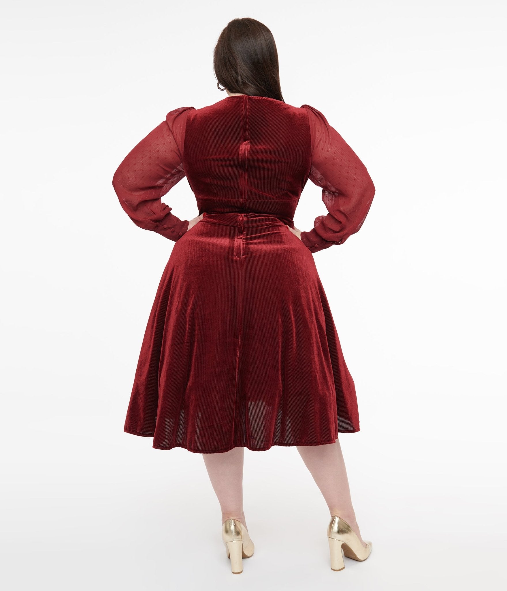 Unique Vintage Plus Size 1950s Berry Velvet Sheer Sleeve Delores Swing Dress - Unique Vintage - Womens, DRESSES, SWING