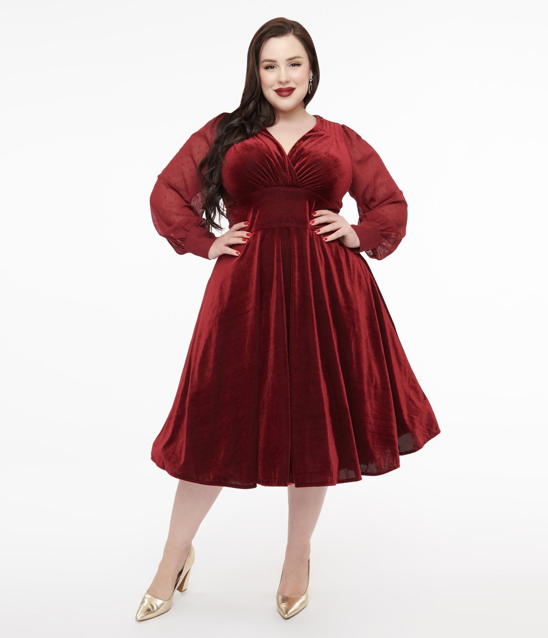 Unique Vintage Plus Size 1950s Berry Velvet Sheer Sleeve Delores Swing Dress - Unique Vintage - Womens, DRESSES, SWING