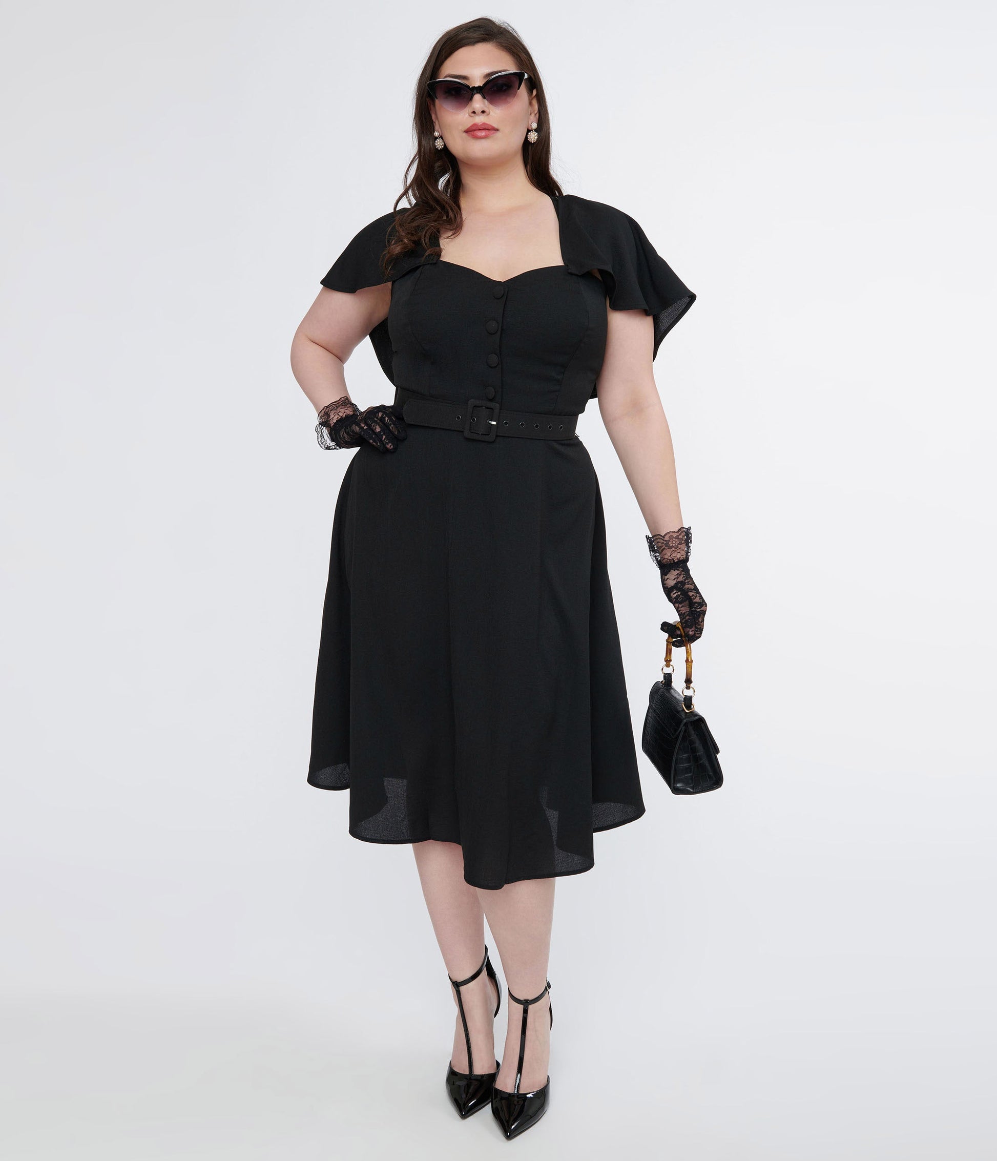 Unique Vintage Plus Size 1950s Black Capelet Swing Dress - Unique Vintage - Womens, DRESSES, SWING