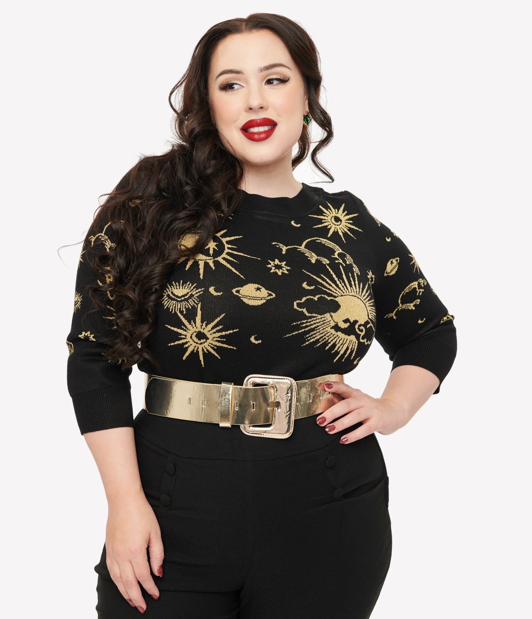 Unique Vintage Plus Size 1950s Black & Gold Celestial Minou Sweater - Unique Vintage - Womens, TOPS, SWEATERS