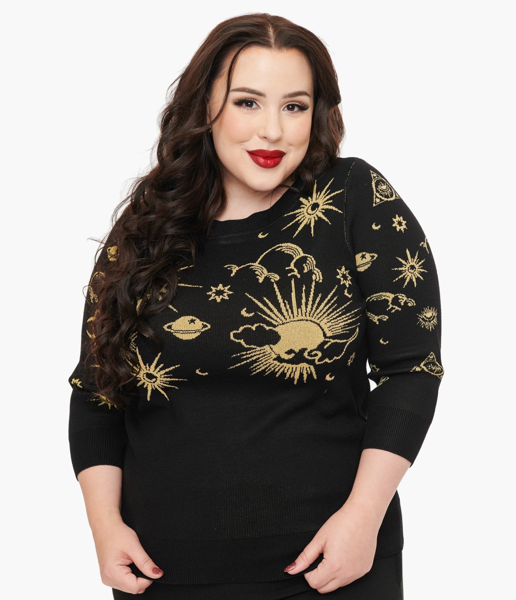 Unique Vintage Plus Size 1950s Black & Gold Celestial Minou Sweater - Unique Vintage - Womens, TOPS, SWEATERS