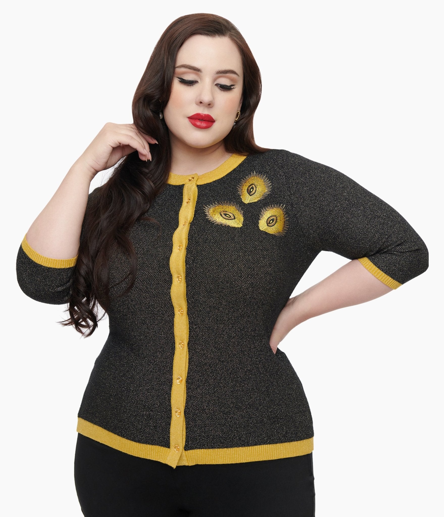 Unique Vintage Plus Size 1950s Black Gold Peacock Feather Embroidere