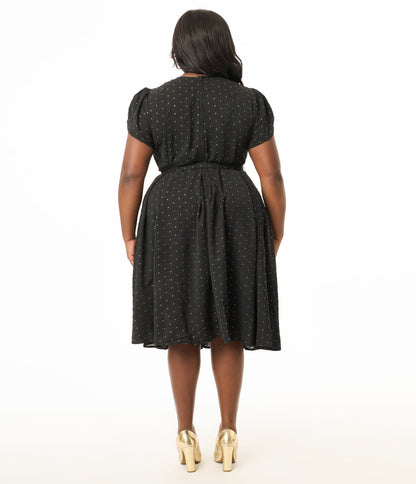 Unique Vintage Plus Size 1950s Black & Gold Pin Dot Dahlia Swing Dress - Unique Vintage - Womens, DRESSES, SWING
