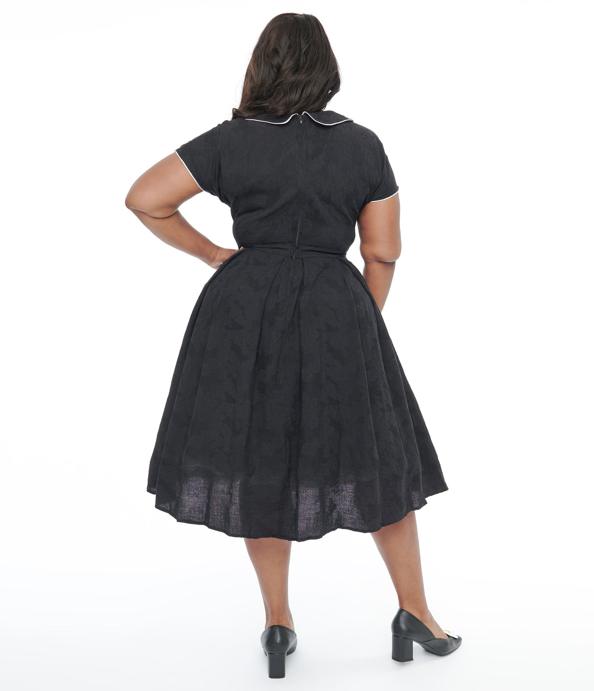 Unique Vintage Plus Size 1950s Black & Ivory Polka Dot Bow Cotton Swing Dress - Unique Vintage - Womens, DRESSES, SWING