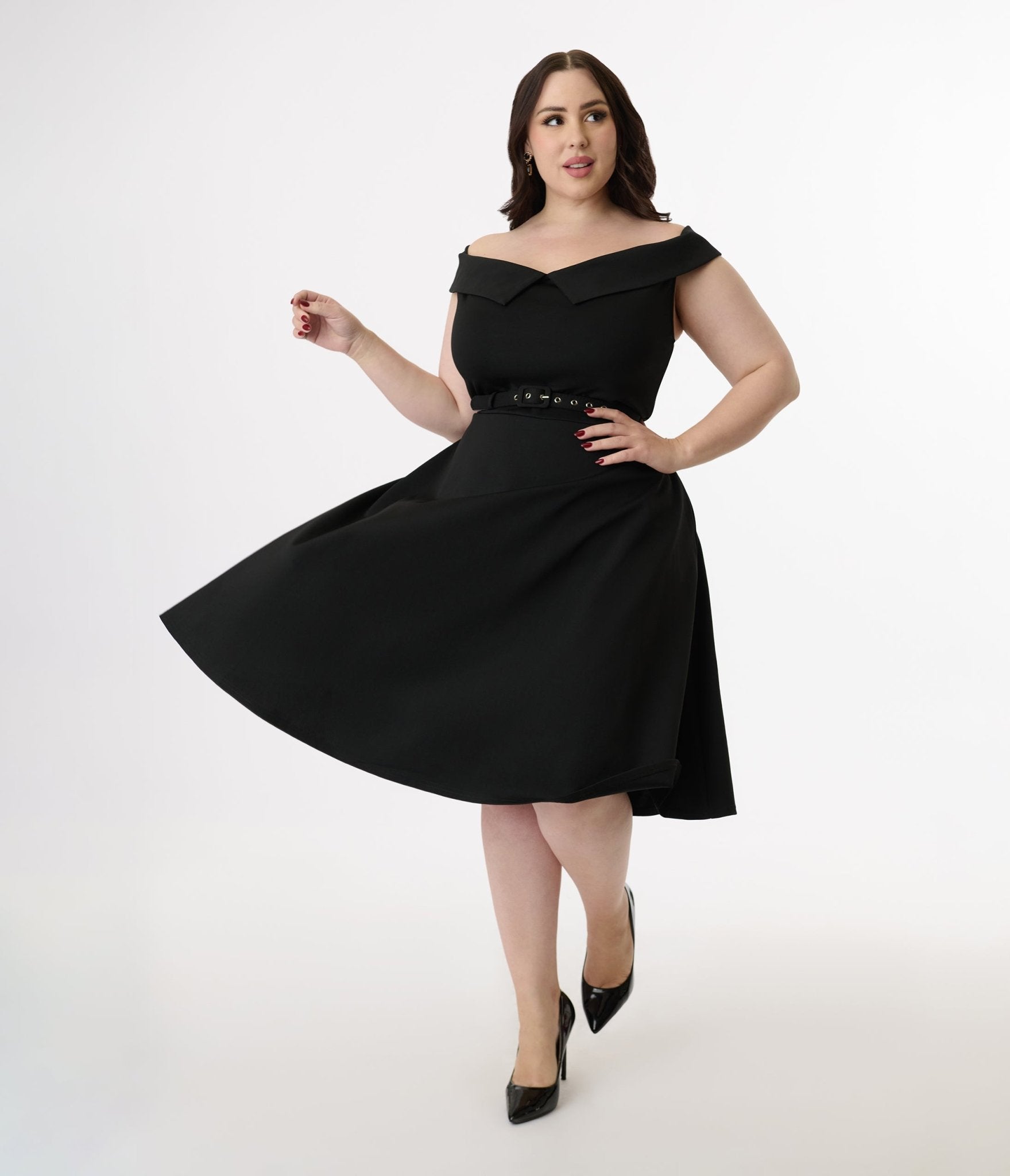 Unique Vintage Plus Size 1950s Black Off the Shoulder Swing Dress - Unique Vintage - Womens, DRESSES, SWING