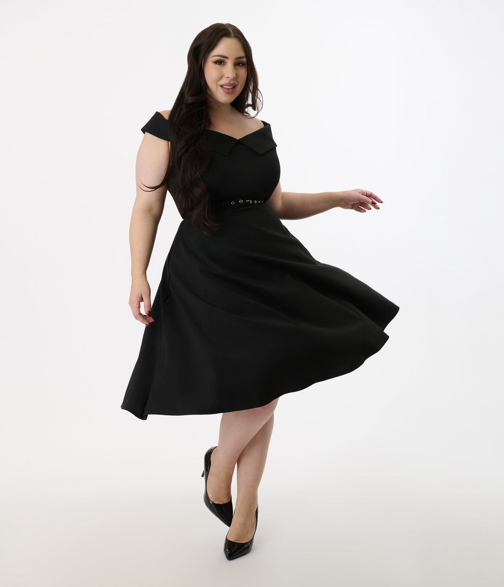 Unique Vintage Plus Size 1950s Black Off the Shoulder Swing Dress - Unique Vintage - Womens, DRESSES, SWING