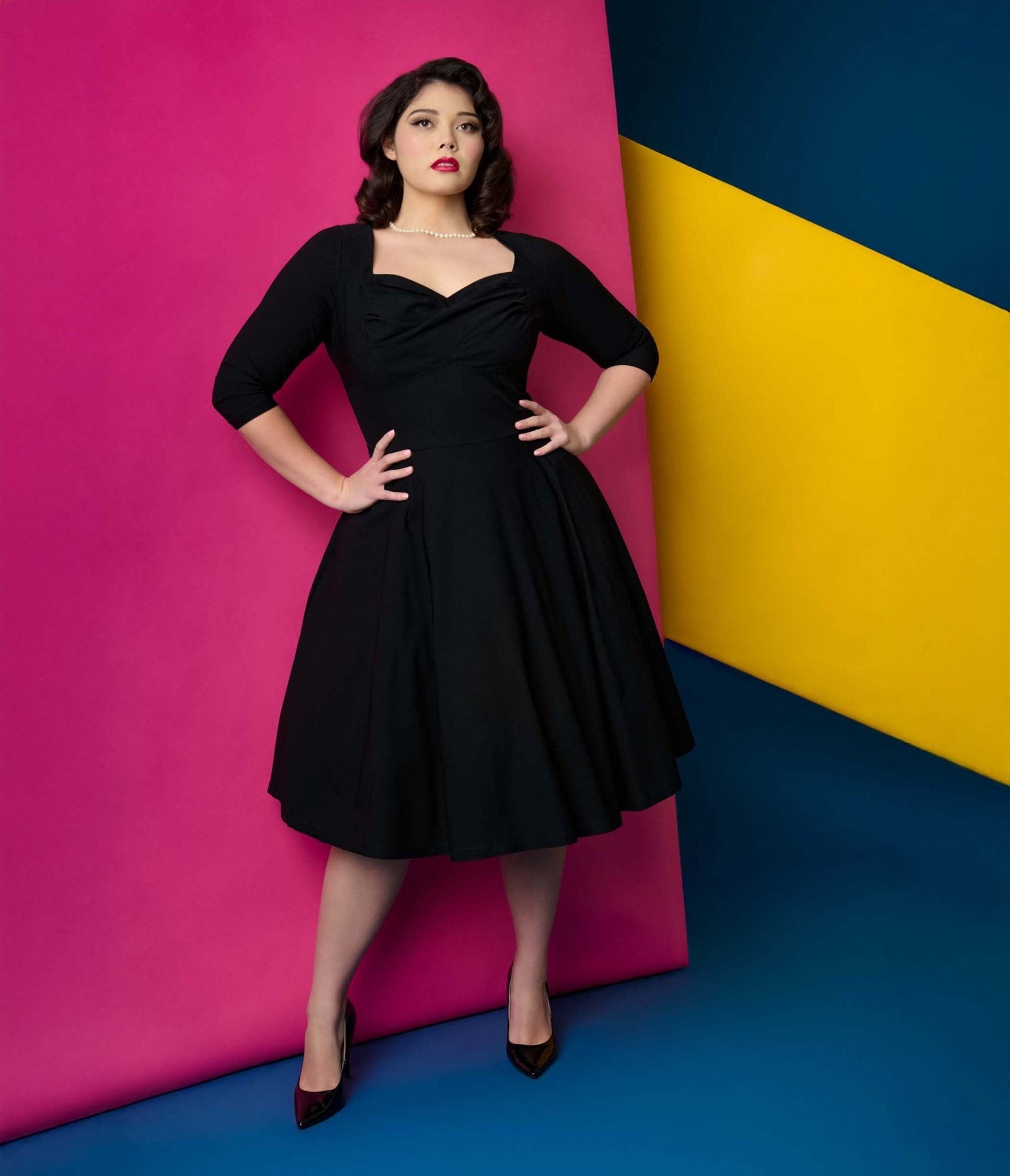Unique Vintage Plus Size 1950s Black Pleated Bust Swing Dress - Unique Vintage - Womens, DRESSES, SWING
