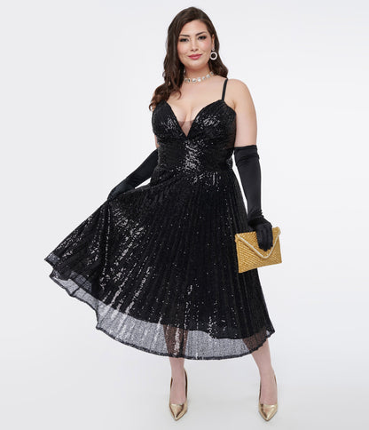 Unique Vintage Plus Size 1950s Black Pleated Sequin Swing Dress - Unique Vintage - Womens, DRESSES, PROM AND SPECIAL OCCASION