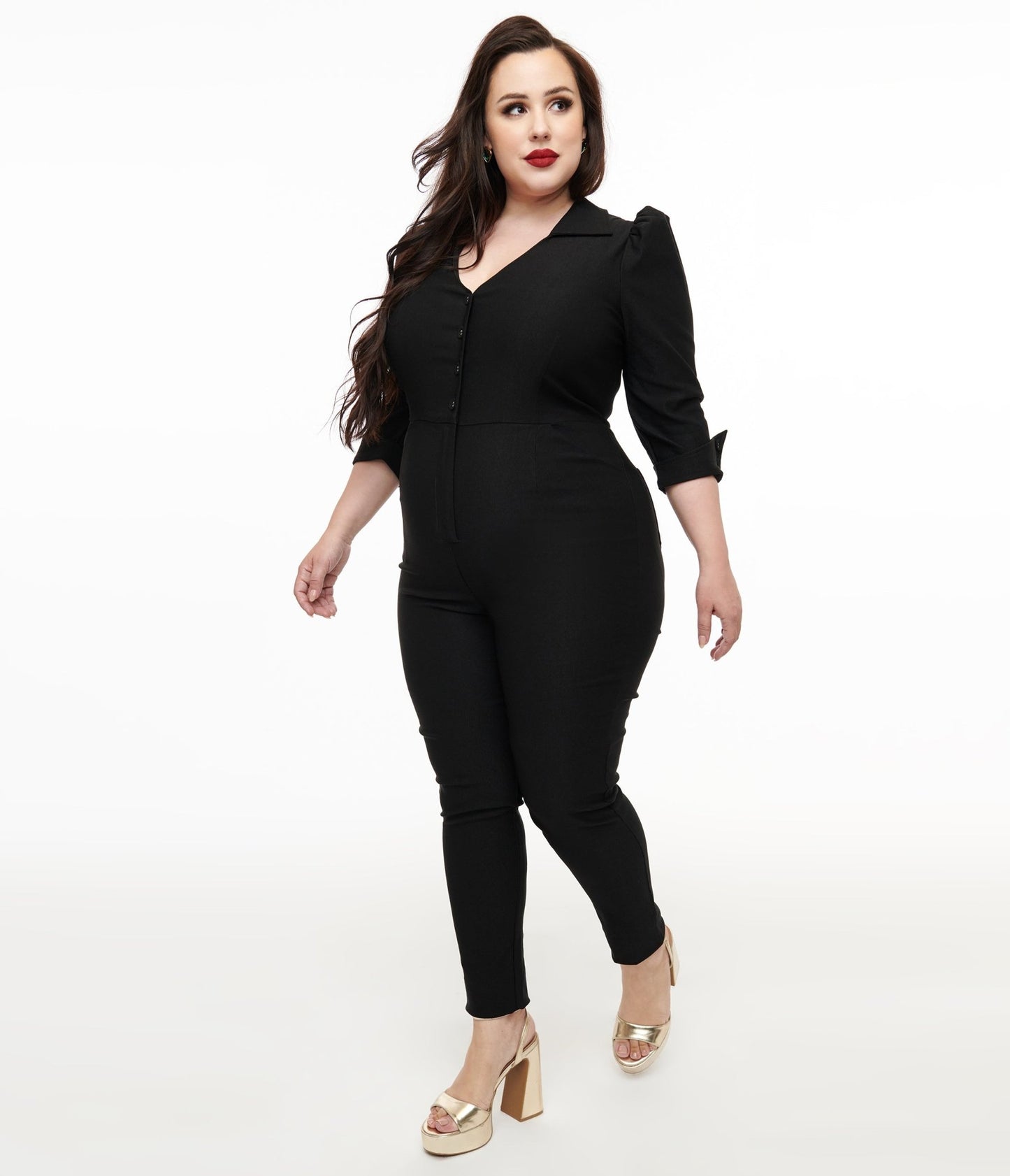 Unique Vintage Plus Size 1950s Black Puff Sleeve Jumpsuit - Unique Vintage - Womens, BOTTOMS, ROMPERS AND JUMPSUITS