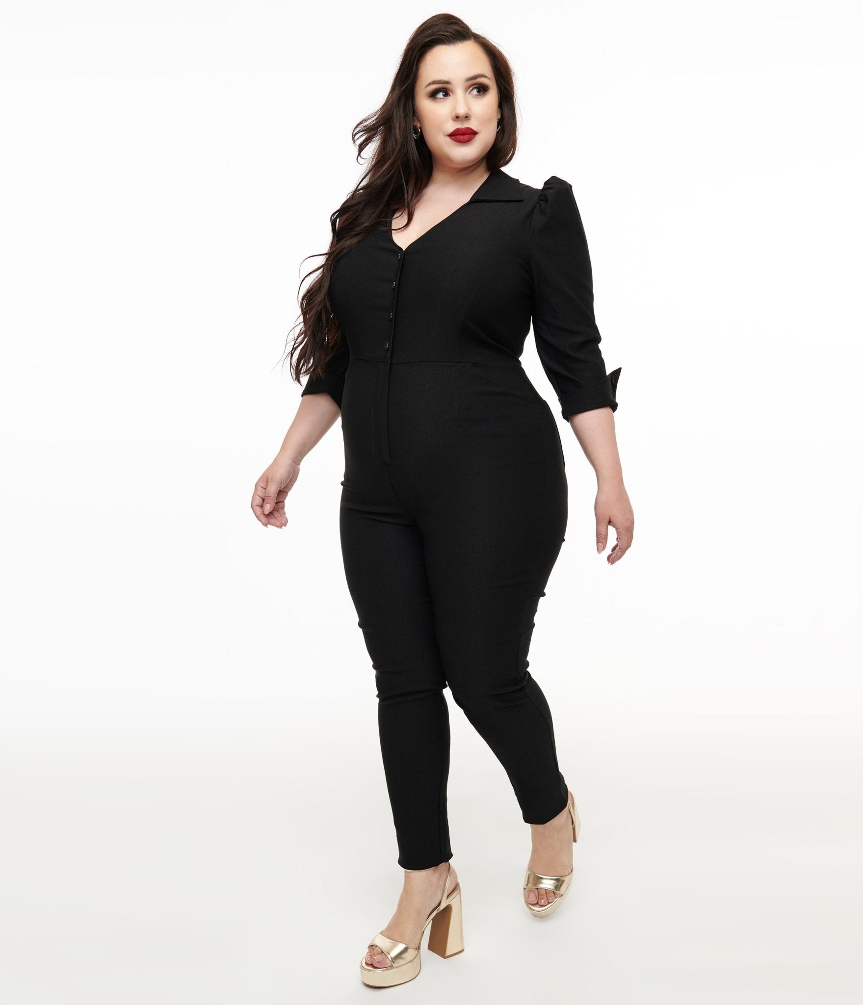 Unique Vintage Plus Size 1950s Black Puff Sleeve Jumpsuit - Unique Vintage - Womens, BOTTOMS, ROMPERS AND JUMPSUITS