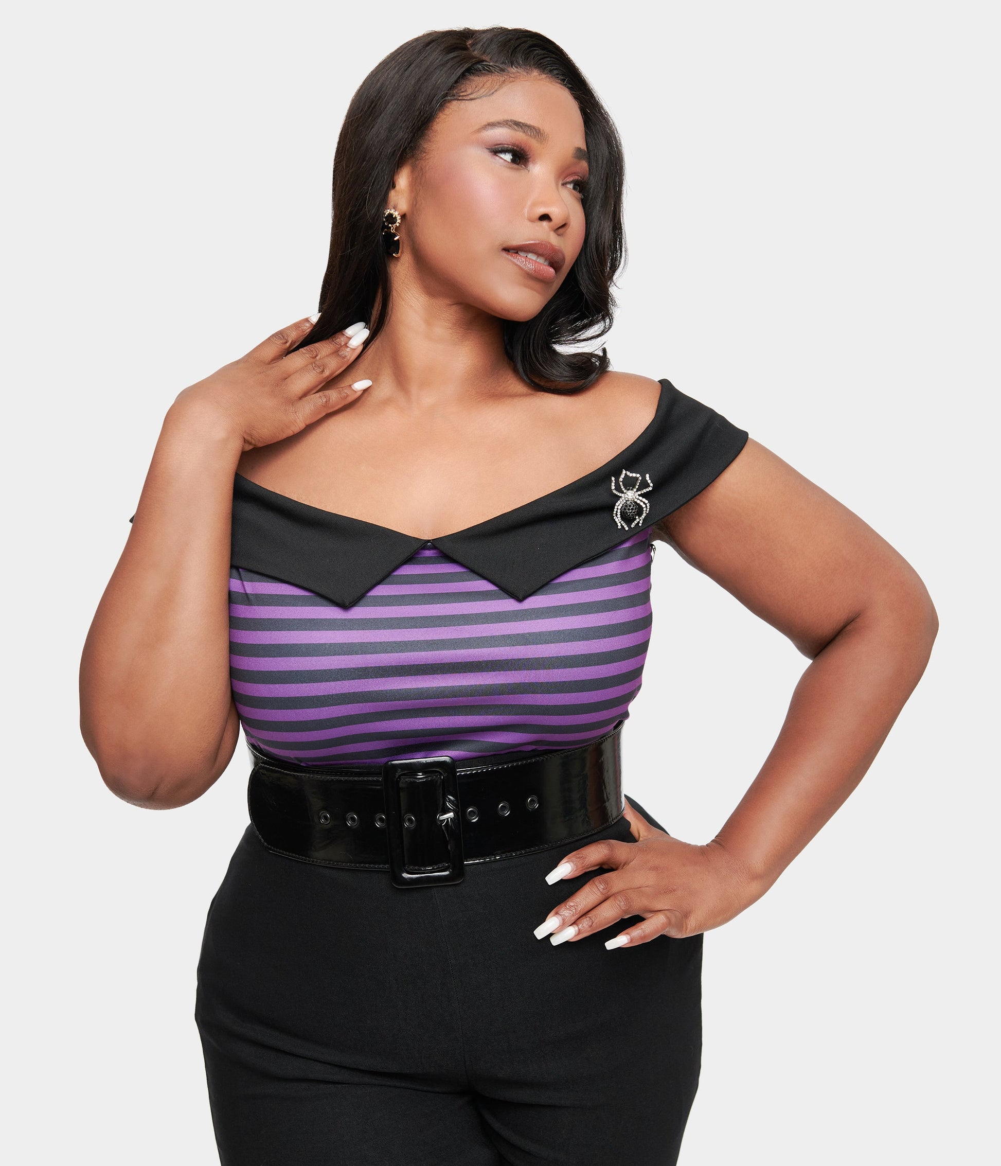 Unique Vintage Plus Size 1950s Black & Purple Stripe Maraschino Top - Unique Vintage - Womens, TOPS, KNIT TOPS