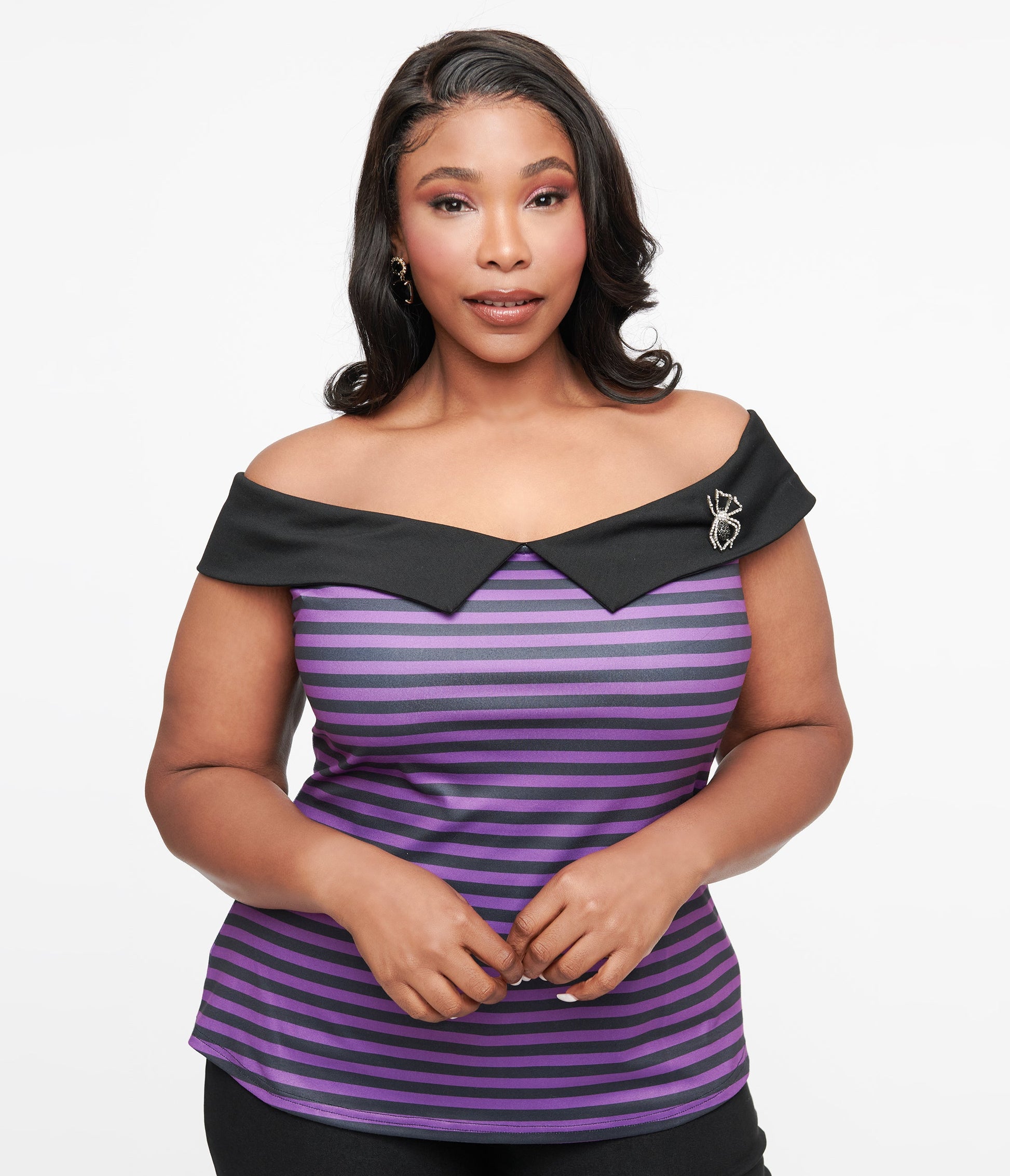 Unique Vintage Plus Size 1950s Black & Purple Stripe Maraschino Top - Unique Vintage - Womens, TOPS, KNIT TOPS