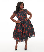 Unique Vintage Plus Size 1950s Black & Red Rose Off The Shoulder Cocktail Dress - Unique Vintage - Womens, DRESSES, SWING