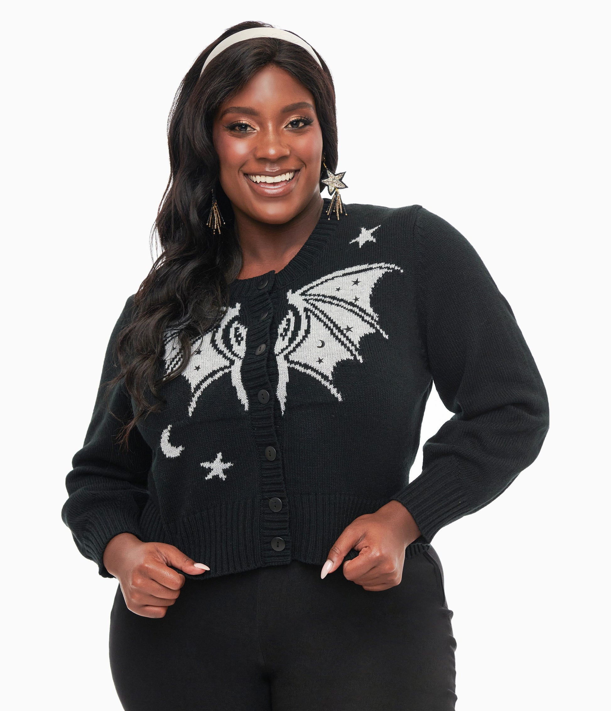 Unique Vintage Plus Size 1950s Black & Silver Bat Cropped Cardigan - Unique Vintage - Womens, HALLOWEEN, TOPS