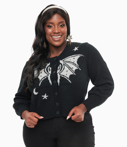 Unique Vintage Plus Size 1950s Black & Silver Bat Cropped Cardigan - Unique Vintage - Womens, HALLOWEEN, TOPS